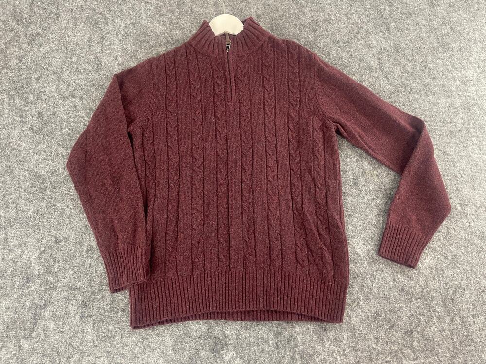 Savile Row Sweater Mens Medium Red Wool Cable Knit Quarter Zip Pullover N215